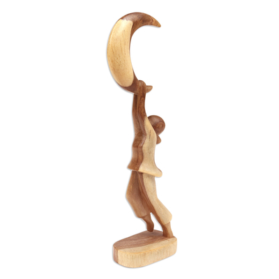 Wood statuette, 'Holding Hope' - Hand Made Hibiscus Wood Moon Sculpture