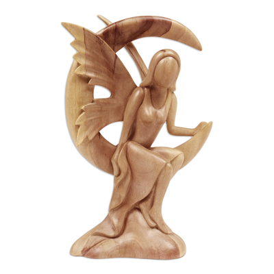 Wood sculpture, 'Wings Under Moonlight' - Handcrafted Hibiscus Wood Angel and Moon Sculpture