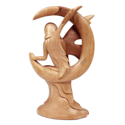 Escultura de madera - Escultura artesanal de ángel y luna de madera de hibisco