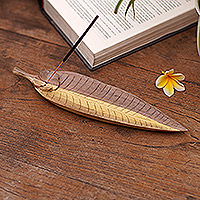 Wood incense holder, 'Jepun Leaf' - Hand-carved Leaf Incense Holder Made from Hibiscus Wood