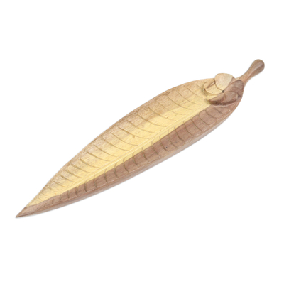 Wood incense holder, 'Jepun Leaf' - Hand-carved Leaf Incense Holder Made from Hibiscus Wood