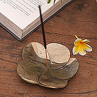 Wood incense holder, 'Blooming Peace' - Hand-Carved Floral Wood Incense Holder from Bali