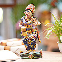 Wood sculpture, 'Panyembrama Dance' - Traditional Handmade Balinese Female Figure Wood Sculpture