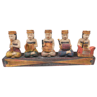 Wood sculpture, 'Beleganjur Tabuh' - Hand Carved Balinese Wood Sculpture with Musical Motif