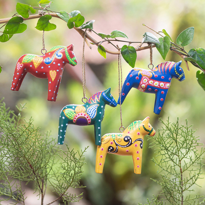 Wood ornaments, 'Dala Tradition' (set of 4) - Hand-Painted Dala Horses Christmas Ornaments Set of 4
