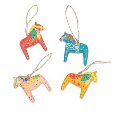 Wood ornaments, 'Pretty Dala Horses' (set of 4) - Set of 4 Artisan-Painted Christmas Horse Ornaments