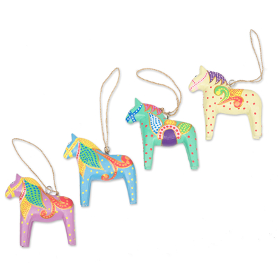Set of 4 Hand-Carved Horse Christmas Ornaments from Bali