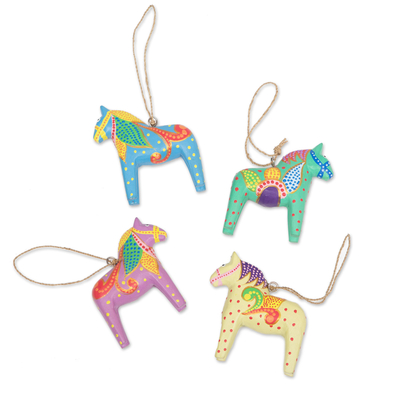Wood ornaments, 'Dala Holiday' (set of 4) - Set of 4 Hand-Carved Horse Christmas Ornaments from Bali