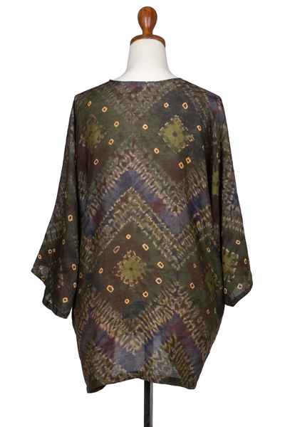 Batik silk kimono jacket, 'Sophisticated Spring' - Handwoven Thai Silk Kimono Jacket with Batik Jumputan Motifs