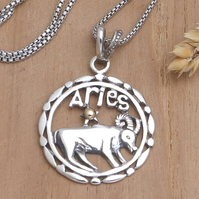 Gold-accented pendant necklace, 'Sparkling Aries' - 18k Gold-Accented Aries Pendant Necklace from Bali