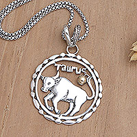 Gold-accented pendant necklace, 'Sparkling Taurus' - 18k Gold-Accented Taurus Pendant Necklace from Bali