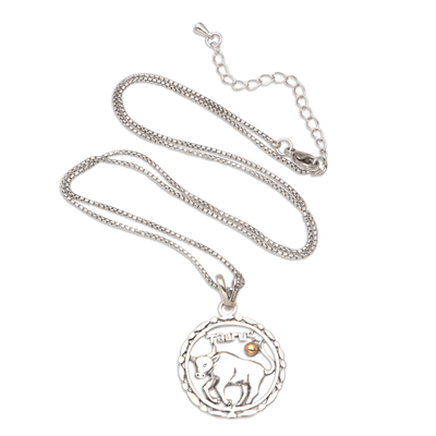 Gold-accented pendant necklace, 'Sparkling Taurus' - 18k Gold-Accented Taurus Pendant Necklace from Bali