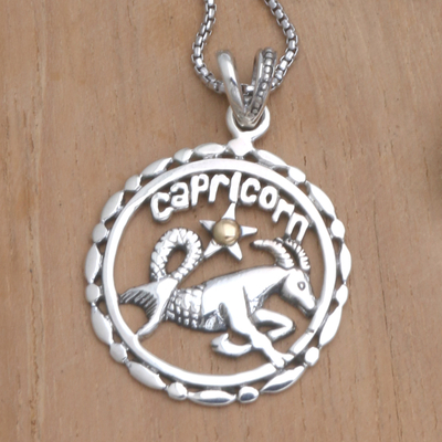 Gold-accented pendant necklace, 'Sparkling Capricorn' - 18k Gold-Accented Capricorn Pendant Necklace from Bali