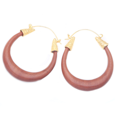 Gold-accented wood hoop earrings, 'Easy on Me' - Balinese 18k Gold-plated Brass and Wood Hoop Earrings