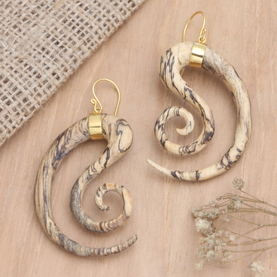Gold-accented wood dangle earrings, 'Tamarind Twist' - Balinese 18k Gold-plated Brass and Wood Dangle Earrings