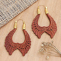 Gold-accented wood hoop earrings, 'Fly with Me' - Balinese 18k Gold-plated Brass & Wood Wings Hoop Earrings