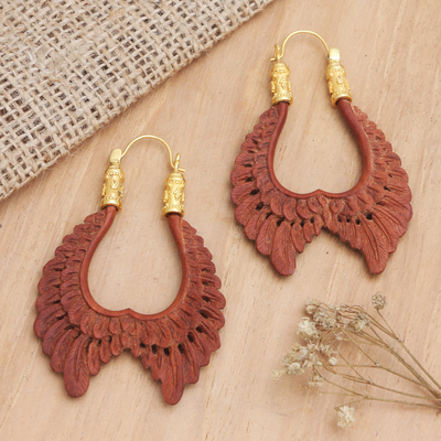 Gold-accented wood hoop earrings, 'Fly with Me' - Balinese 18k Gold-plated Brass & Wood Wings Hoop Earrings