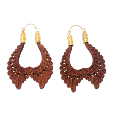 Balinese 18k Gold-plated Brass & Wood Wings Hoop Earrings