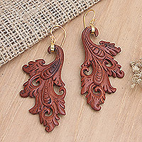 Gold-accented wood dangle earrings, 'Smart Women' - Balinese 18k Gold-plated Brass and Wood Dangle Earrings