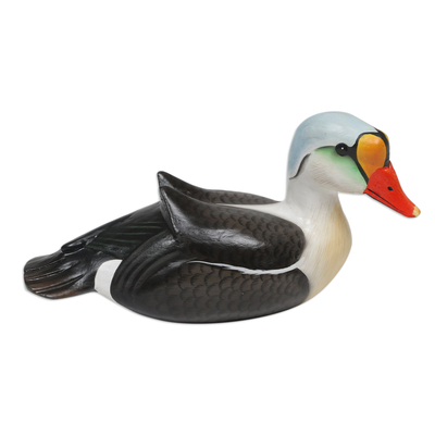Wood statuette, 'King Eider' - Hand Crafted Suar Wood Duck Statuette