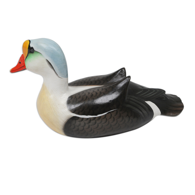 Wood statuette, 'King Eider' - Hand Crafted Suar Wood Duck Statuette