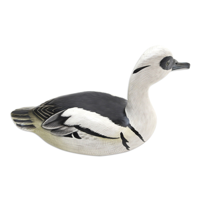 Wood statuette, 'White Smew' - Hand-Painted Suar Wood Duck Statuette