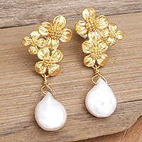 Cultured pearl dangle earrings, 'Lovely Ashokas' - Cultured Pearl Gold-plated and Floral-themed Dangle Earrings