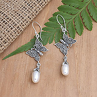 Cultured pearl dangle earrings, 'Butterfly Allure' - Handmade Cultured Pearl and Sterling Silver Dangle Earrings