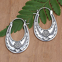 Sterling silver hoop earrings, 'Feather Branch'