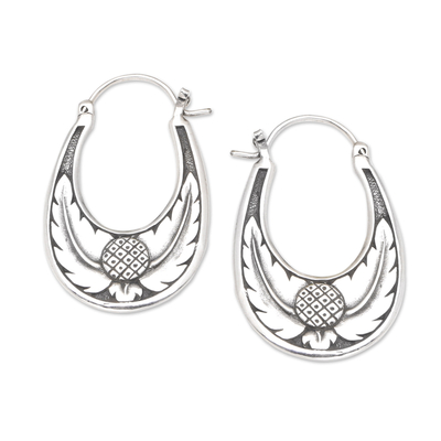 Sterling silver hoop earrings, 'Feather Branch' - Balinese Silversmith Crafted Sterling Silver Hoop Earrings