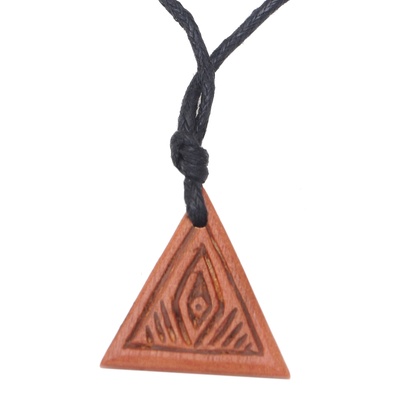 Men's wood pendant necklace, 'Triangular Eye' - Men's Sawo Wood Geometric Pendant Necklace with Cotton Cord