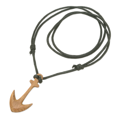 Herren-Halskette mit Holzanhänger - Herren-Halskette mit Anker-Anhänger aus Sawo-Holz und Baumwollkordel