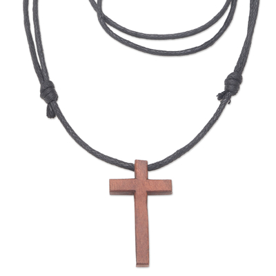 Men's wood pendant necklace, 'Natural Blessing' - Men's Sawo Wood Cross Pendant Necklace with Cotton Cord