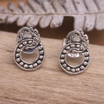Sterling silver button earrings, 'Joined Rings' - Sterling Silver Button Earrings with Balinese Motifs