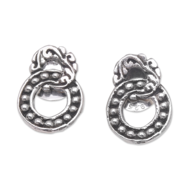 Sterling silver button earrings, 'Joined Rings' - Sterling Silver Button Earrings with Balinese Motifs