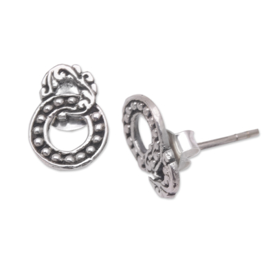 Sterling silver button earrings, 'Joined Rings' - Sterling Silver Button Earrings with Balinese Motifs