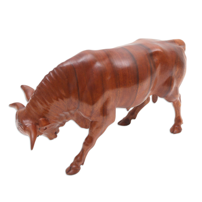 Wood sculpture, 'Bull Matador' - Balinese Hand-carved Bull Wood Sculpture with Onyx Eyes