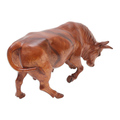 Wood sculpture, 'Bull Matador' - Balinese Hand-carved Bull Wood Sculpture with Onyx Eyes