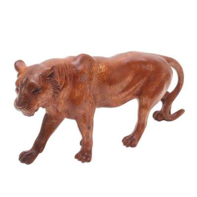 Escultura de madera - Escultura balinesa de madera de tigre tallada a mano con ojos de ónix