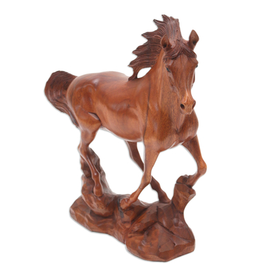 Wood sculpture, 'Racing Horse' - Balinese Hand-carved Horse Wood Sculpture with Onyx Eyes
