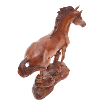 Wood sculpture, 'Racing Horse' - Balinese Hand-carved Horse Wood Sculpture with Onyx Eyes