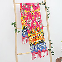 Rayon scarf, 'Mystical Barong' - Colorful Rayon Scarf with Traditional Balinese Creature