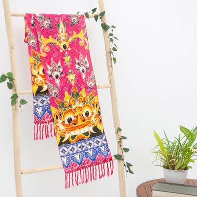 Rayon scarf, 'Mystical Barong' - colourful Rayon Scarf with Traditional Balinese Creature