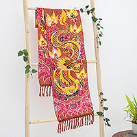 Rayon scarf, 'Russet Dragon' - Russet Rayon Scarf with Hand-Painted Dragon