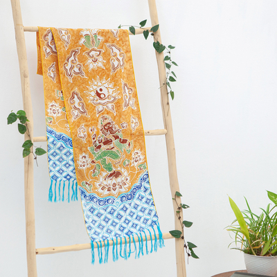 Rayon scarf, 'Caramel Ganesh' - Caramel Rayon Scarf with Hand-Painted Ganesh