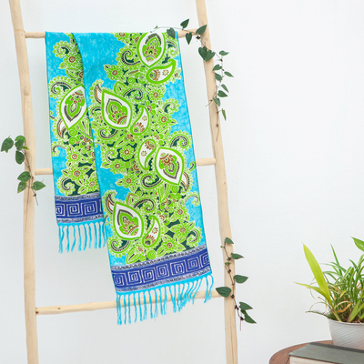Rayon scarf, 'Turquoise Batun Timun' - Turquoise Rayon Scarf with Hand-Painted Batun Timun Details