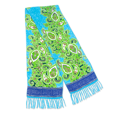 Turquoise Rayon Scarf with Hand-Painted Batun Timun Details