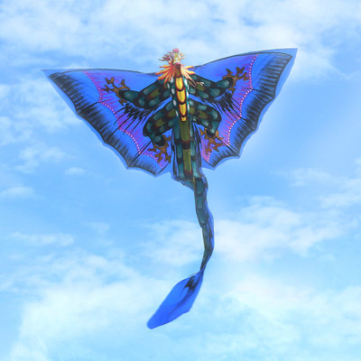 Nylon kite, 'Blue Night Dragon' - Hand Painted Nylon Blue Balinese Dragon Kite