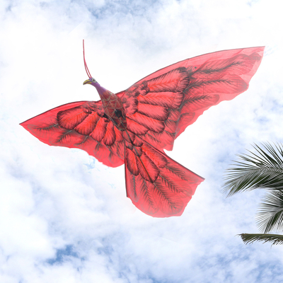Nylon kite, 'Red Peafowl' - Hand Painted Red Nylon Balinese Bird Kite