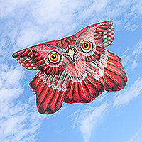 Nylon kite, 'Crimson Owl' - Hand Painted Red Nylon Balinese Owl Kite